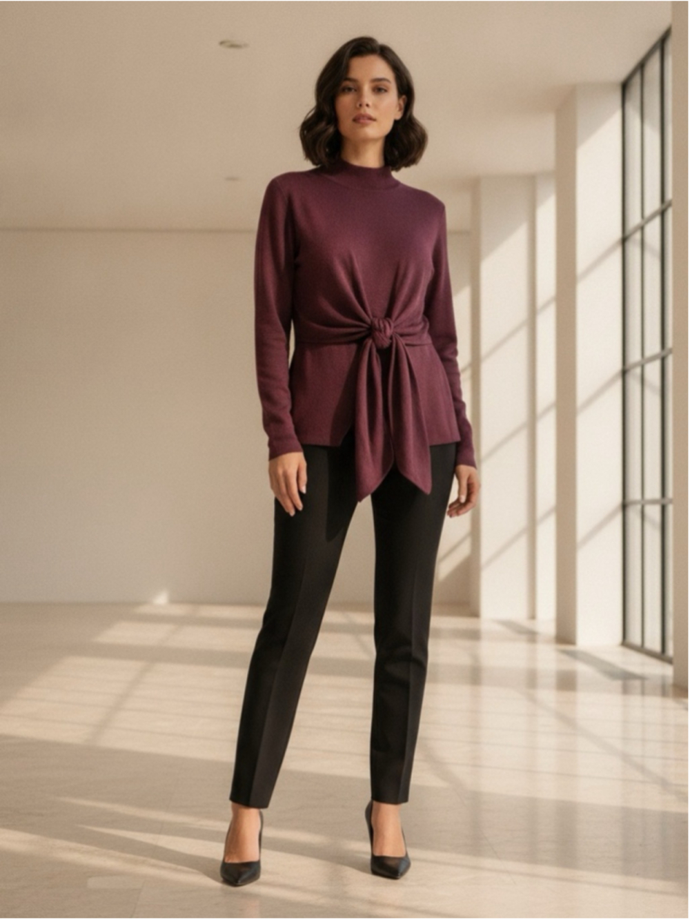 Salvatore Ferragamo 100% Wool Tie-Front Mock Neck Sweater Plum Purple M Italy